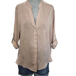 Apricot V Neck Blouse Size xl 16 pink tan button‎ front shirt cuffed sleeves